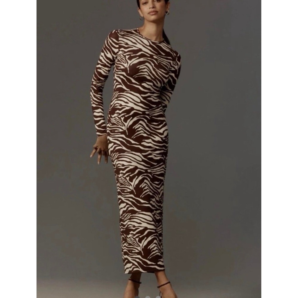 Reformation Zebra Print Maxi Dress Womens Small Brown Long Sleeve Bodycon Tencel